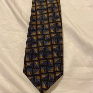 MULBERRY Men's 100% Silk Necktie Geometric Black/ Gold/Blue Design